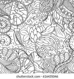 Tracery seamless pattern. Mehndi design. Ethnic monochrome binary doodle texture. Curved doodling black and white background. Vector
