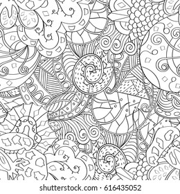 Tracery seamless pattern. Mehndi design. Ethnic monochrome binary doodle texture. Curved doodling black and white background. Vector