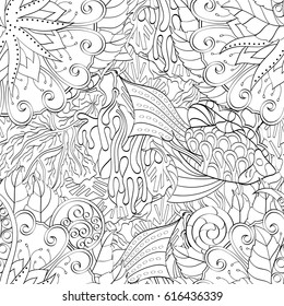 Tracery seamless pattern. Mehndi design. Ethnic monochrome binary doodle texture. Curved doodling black and white background. Vector