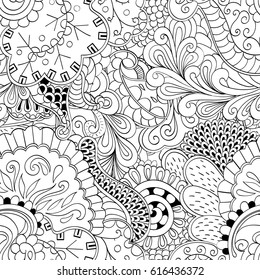 Tracery seamless pattern. Mehndi design. Ethnic monochrome binary doodle texture. Curved doodling black and white background. Vector