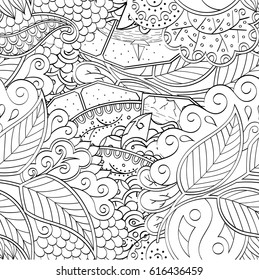 Tracery seamless pattern. Mehndi design. Ethnic monochrome binary doodle texture. Curved doodling black and white background. Vector