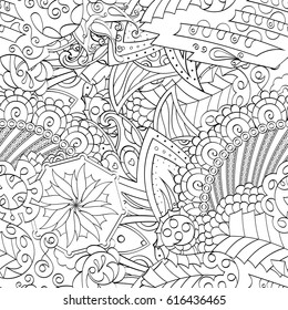 Tracery seamless pattern. Mehndi design. Ethnic monochrome binary doodle texture. Curved doodling black and white background. Vector