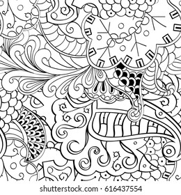 Tracery seamless pattern. Mehndi design. Ethnic monochrome binary doodle texture. Curved doodling black and white background. Vector