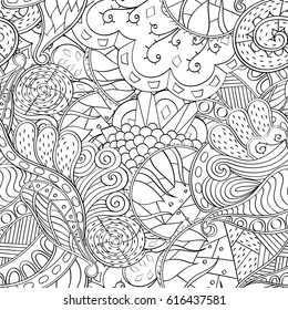 Tracery seamless pattern. Mehndi design. Ethnic monochrome binary doodle texture. Curved doodling black and white background. Vector