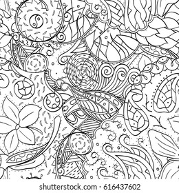 Tracery seamless pattern. Mehndi design. Ethnic monochrome binary doodle texture. Curved doodling black and white background. Vector