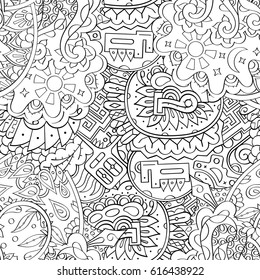 Tracery seamless pattern. Mehndi design. Ethnic monochrome binary doodle texture. Curved doodling black and white background. Vector