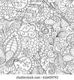 Tracery seamless pattern. Mehndi design. Ethnic monochrome binary doodle texture. Curved doodling black and white background. Vector