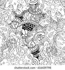 Tracery seamless pattern. Mehndi design. Ethnic monochrome binary doodle texture. Curved doodling black and white background. Vector