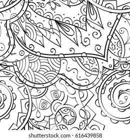 Tracery seamless pattern. Mehndi design. Ethnic monochrome binary doodle texture. Curved doodling black and white background. Vector