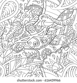 Tracery seamless pattern. Mehndi design. Ethnic monochrome binary doodle texture. Curved doodling black and white background. Vector