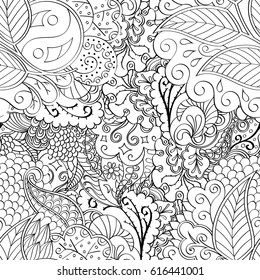 Tracery seamless pattern. Mehndi design. Ethnic monochrome binary doodle texture. Curved doodling black and white background. Vector