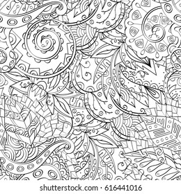 Tracery seamless pattern. Mehndi design. Ethnic monochrome binary doodle texture. Curved doodling black and white background. Vector
