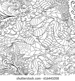 Tracery seamless pattern. Mehndi design. Ethnic monochrome binary doodle texture. Curved doodling black and white background. Vector