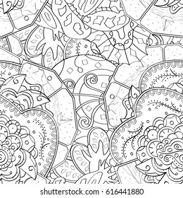 Tracery seamless pattern. Mehndi design. Ethnic monochrome binary doodle texture. Curved doodling black and white background. Vector