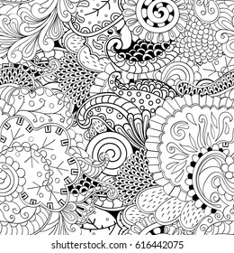 Tracery seamless pattern. Mehndi design. Ethnic monochrome binary doodle texture. Curved doodling black and white background. Vector
