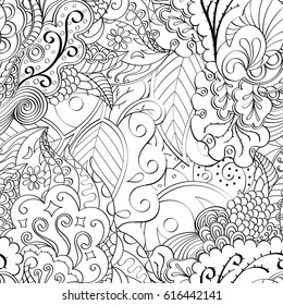 Tracery seamless pattern. Mehndi design. Ethnic monochrome binary doodle texture. Curved doodling black and white background. Vector