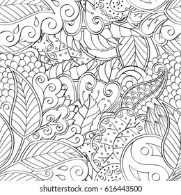Tracery seamless pattern. Mehndi design. Ethnic monochrome binary doodle texture. Curved doodling black and white background. Vector