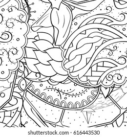 Tracery seamless pattern. Mehndi design. Ethnic monochrome binary doodle texture. Curved doodling black and white background. Vector