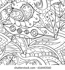 Tracery seamless pattern. Mehndi design. Ethnic monochrome binary doodle texture. Curved doodling black and white background. Vector