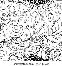 Tracery seamless pattern. Mehndi design. Ethnic monochrome binary doodle texture. Curved doodling black and white background. Vector