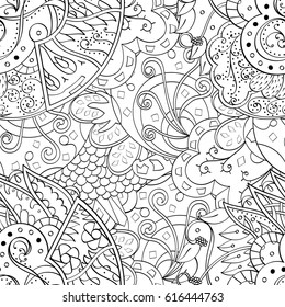 Tracery seamless pattern. Mehndi design. Ethnic monochrome binary doodle texture. Curved doodling black and white background. Vector