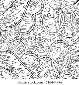 Tracery seamless pattern. Mehndi design. Ethnic monochrome binary doodle texture. Curved doodling black and white background. Vector