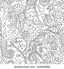 Tracery seamless pattern. Mehndi design. Ethnic monochrome binary doodle texture. Curved doodling black and white background. Vector