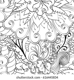 Tracery seamless pattern. Mehndi design. Ethnic monochrome binary doodle texture. Curved doodling black and white background. Vector