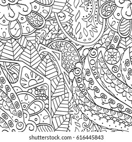 Tracery seamless pattern. Mehndi design. Ethnic monochrome binary doodle texture. Curved doodling black and white background. Vector
