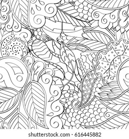 Tracery seamless pattern. Mehndi design. Ethnic monochrome binary doodle texture. Curved doodling black and white background. Vector