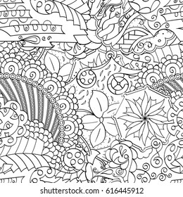 Tracery seamless pattern. Mehndi design. Ethnic monochrome binary doodle texture. Curved doodling black and white background. Vector
