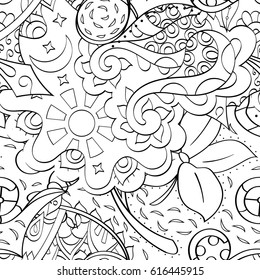Tracery seamless pattern. Mehndi design. Ethnic monochrome binary doodle texture. Curved doodling black and white background. Vector