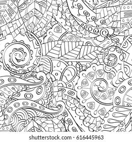 Tracery seamless pattern. Mehndi design. Ethnic monochrome binary doodle texture. Curved doodling black and white background. Vector