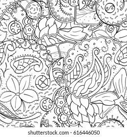 Tracery seamless pattern. Mehndi design. Ethnic monochrome binary doodle texture. Curved doodling black and white background. Vector