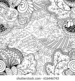 Tracery seamless pattern. Mehndi design. Ethnic monochrome binary doodle texture. Curved doodling black and white background. Vector
