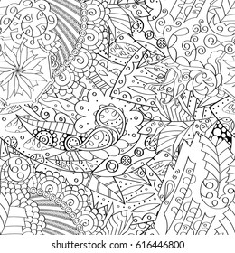 Tracery seamless pattern. Mehndi design. Ethnic monochrome binary doodle texture. Curved doodling black and white background. Vector