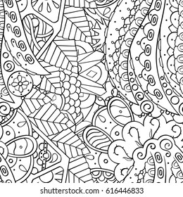 Tracery seamless pattern. Mehndi design. Ethnic monochrome binary doodle texture. Curved doodling black and white background. Vector