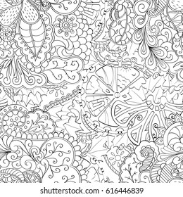 Tracery seamless pattern. Mehndi design. Ethnic monochrome binary doodle texture. Curved doodling black and white background. Vector