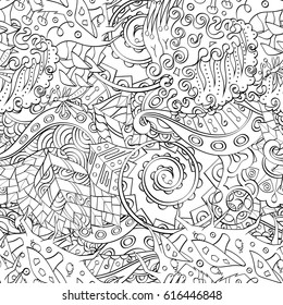 Tracery seamless pattern. Mehndi design. Ethnic monochrome binary doodle texture. Curved doodling black and white background. Vector
