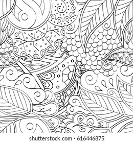 Tracery seamless pattern. Mehndi design. Ethnic monochrome binary doodle texture. Curved doodling black and white background. Vector