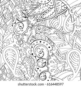 Tracery seamless pattern. Mehndi design. Ethnic monochrome binary doodle texture. Curved doodling black and white background. Vector