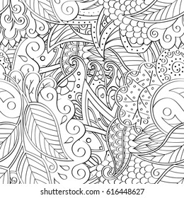 Tracery seamless pattern. Mehndi design. Ethnic monochrome binary doodle texture. Curved doodling black and white background. Vector