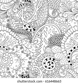 Tracery seamless pattern. Mehndi design. Ethnic monochrome binary doodle texture. Curved doodling black and white background. Vector