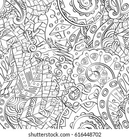 Tracery seamless pattern. Mehndi design. Ethnic monochrome binary doodle texture. Curved doodling black and white background. Vector