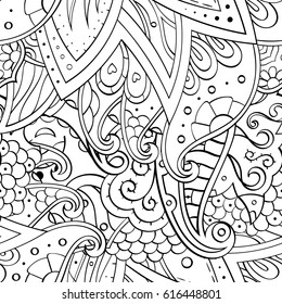 Tracery seamless pattern. Mehndi design. Ethnic monochrome binary doodle texture. Curved doodling black and white background. Vector