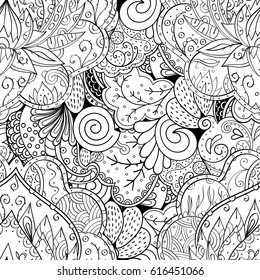 Tracery seamless pattern. Mehndi design. Ethnic monochrome binary doodle texture. Curved doodling black and white background. Vector