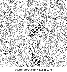 Tracery seamless pattern. Mehndi design. Ethnic monochrome binary doodle texture. Curved doodling black and white background. Vector
