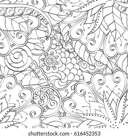 Tracery seamless pattern. Mehndi design. Ethnic monochrome binary doodle texture. Curved doodling black and white background. Vector