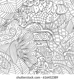 Tracery seamless pattern. Mehndi design. Ethnic monochrome binary doodle texture. Curved doodling black and white background. Vector