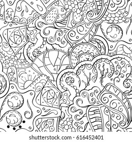 Tracery seamless pattern. Mehndi design. Ethnic monochrome binary doodle texture. Curved doodling black and white background. Vector
